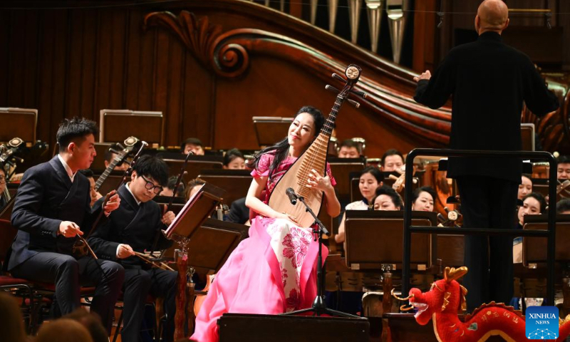 Musicians of China National Traditional Orchestra perform during a concert celebrating the Chinese New Year in Warsaw, Poland, Feb. 12, 2024. The concert is one stop of the Chinese orchestra's tour in Europe. (Photo: Xinhua)