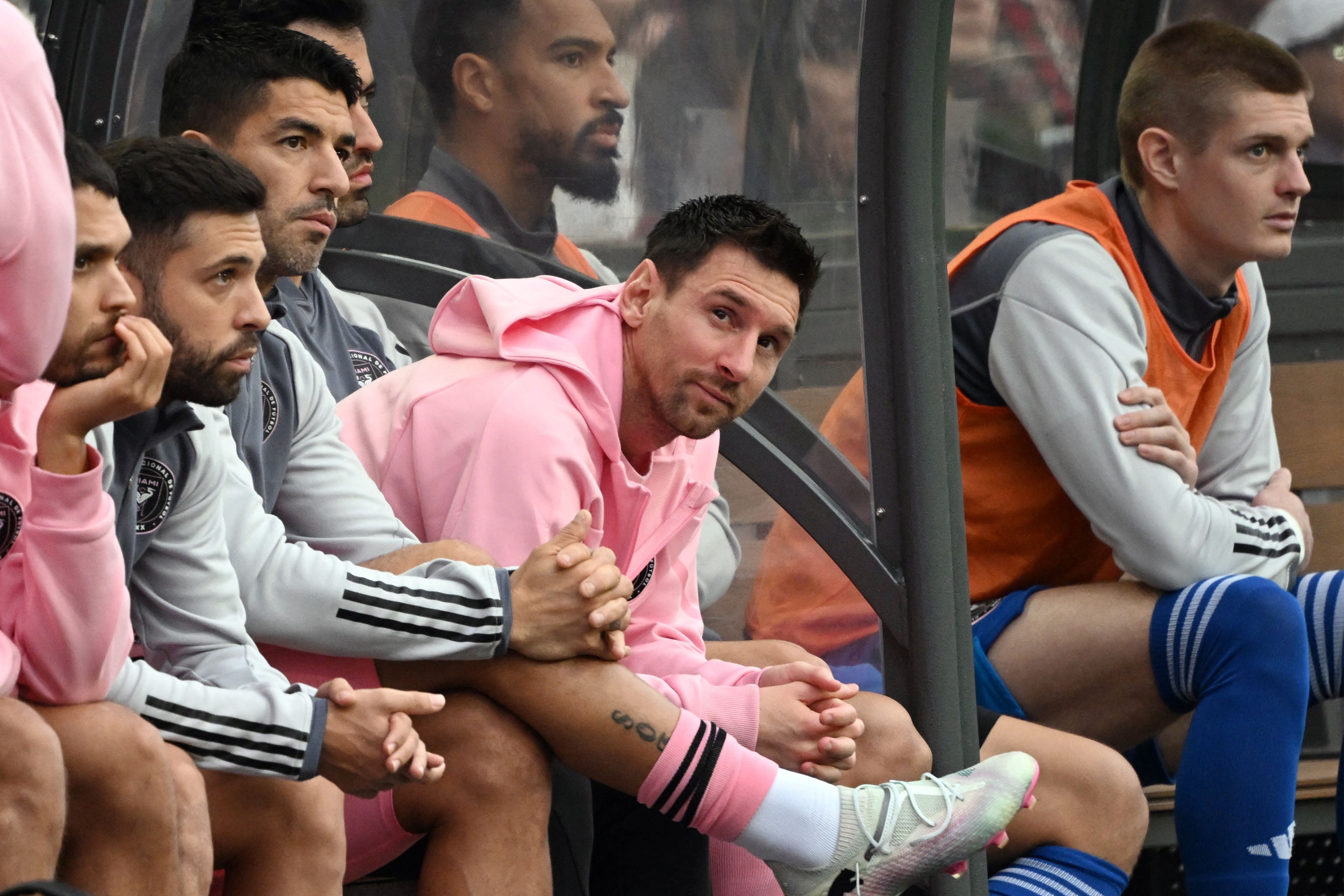 Lionel Messi (center) sits on the bench during the friendly football match between Hong Kong Team and Inter Miami CF in Hong Kong on February 4, 2024. Photo: VCG