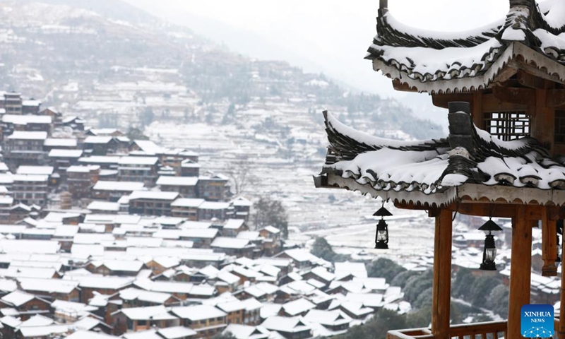 This photo taken on Jan. 22, 2024 shows the snow scenery at Xijiang Qianhu Miao Village in Leishan County of Qiandongnan Miao and Dong Autonomous Prefecture, southwest China's Guizhou Province. (Photo: Xinhua)