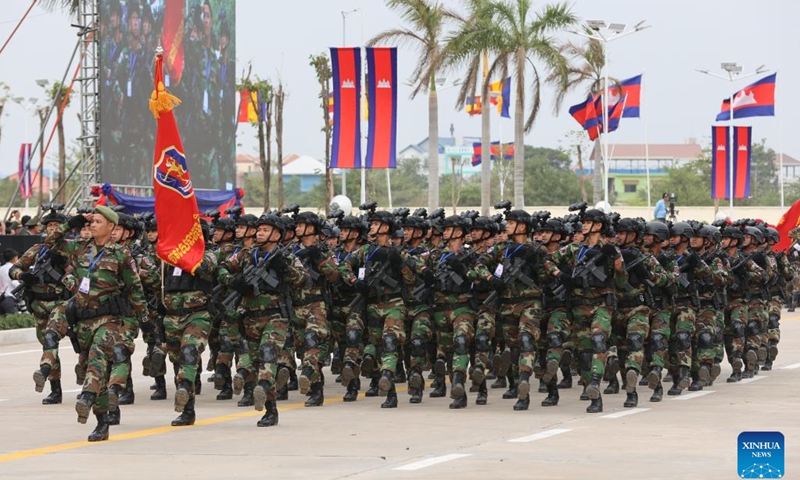 Troops march in celebration of the 25th anniversary of the founding of the Royal Cambodian Army (RCA) in Phnom Penh, Cambodia, Jan. 24, 2024. Cambodia on Wednesday celebrated the 25th anniversary of the founding of the RCA, an arm of the Royal Cambodian Armed Forces (RCAF).(Photo: Xinhua)