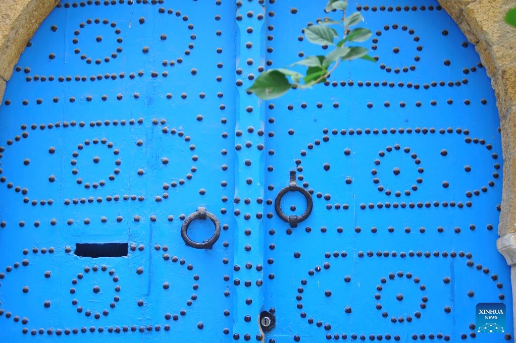 This photo taken on Jan. 28, 2024 shows a wooden door in the old city of Tunis, Tunisia. Decorating wooden doors with metal rivet patterns has been a local tradition in Tunisia.(Photo: Xinhua)