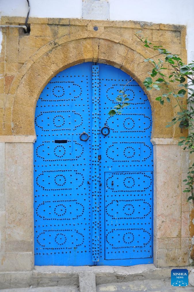 This photo taken on Jan. 28, 2024 shows a wooden door in the old city of Tunis, Tunisia. Decorating wooden doors with metal rivet patterns has been a local tradition in Tunisia.(Photo: Xinhua)