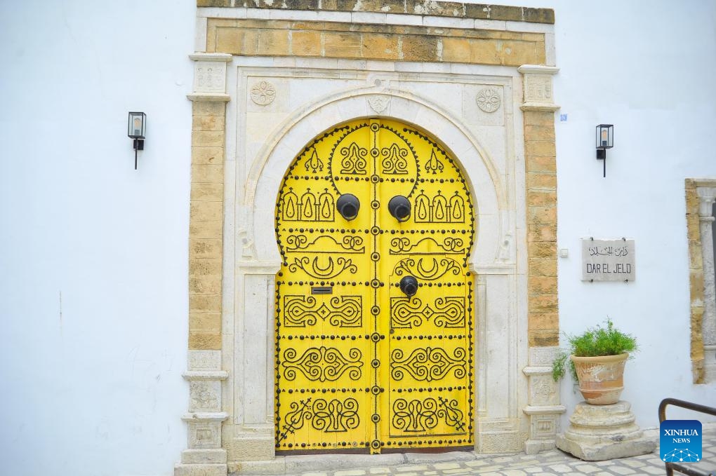 This photo taken on Jan. 28, 2024 shows a wooden door in the old city of Tunis, Tunisia. Decorating wooden doors with metal rivet patterns has been a local tradition in Tunisia.(Photo: Xinhua)