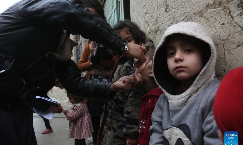 A child receives a dose of anti-polio vaccine in Kabul, Afghanistan, Jan. 30, 2024. More than 7.5 million children under five would receive anti-polio vaccines in 21 out of Afghanistan's 34 provinces, a statement of the country's Ministry of Public Health said(Photo: Xinhua)