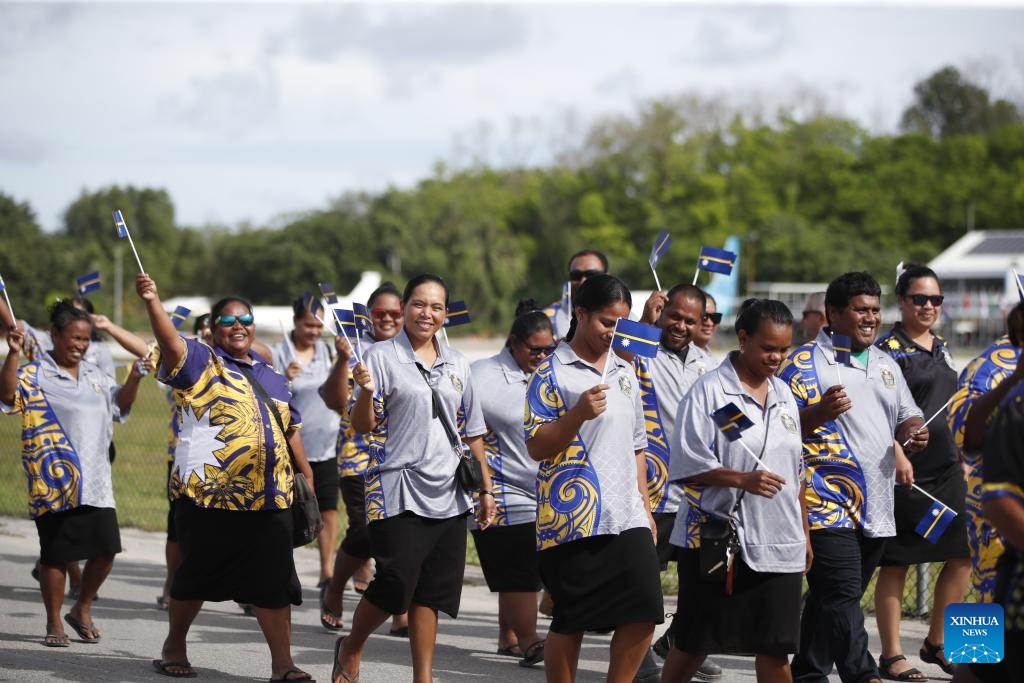 People take part in a parade celebrating Nauru's 56th anniversary of independence in Nauru, Jan. 31, 2024. Nauru held a ceremony to celebrate its 56th anniversary of independence on Wednesday.(Photo: Xinhua)