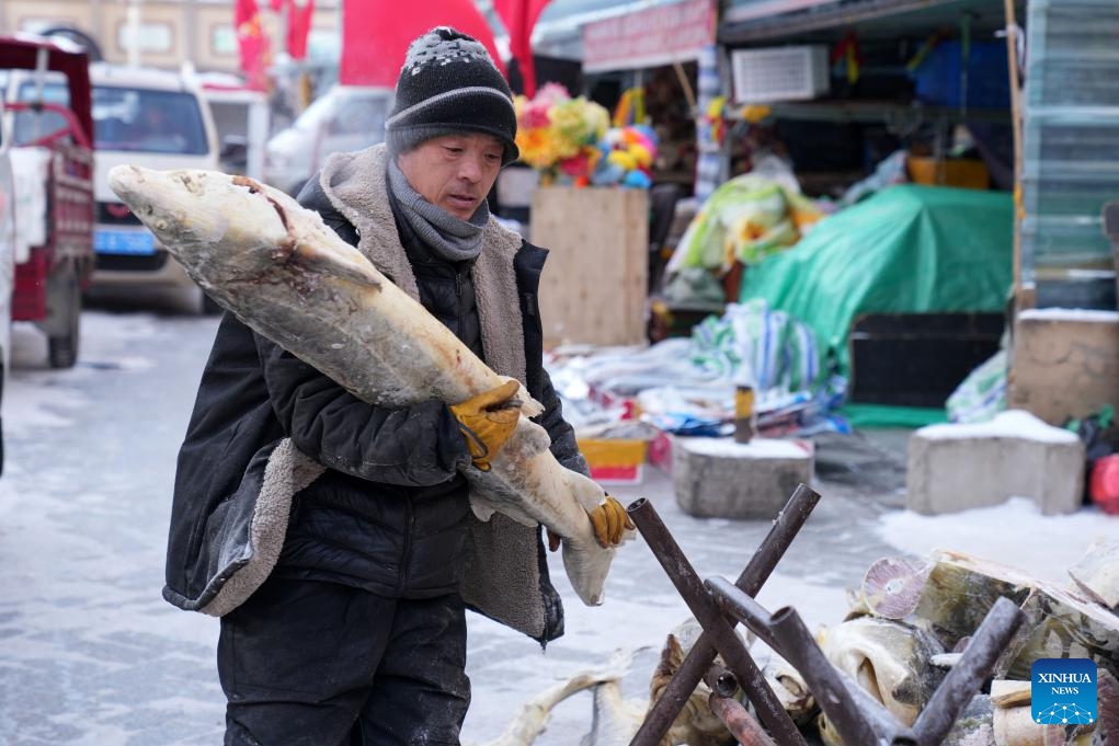 A vendor carries frozen fish at Dongji fish market in Fuyuan, northeast China's Heilongjiang Province, Jan. 31, 2024. As the Spring Festival approaches, Dongji fish market in Fuyuan has entered its peak sales season. With a history of more than 100 years, the market is a major trading hub for freshwater fish products in China.(Photo: Xinhua)