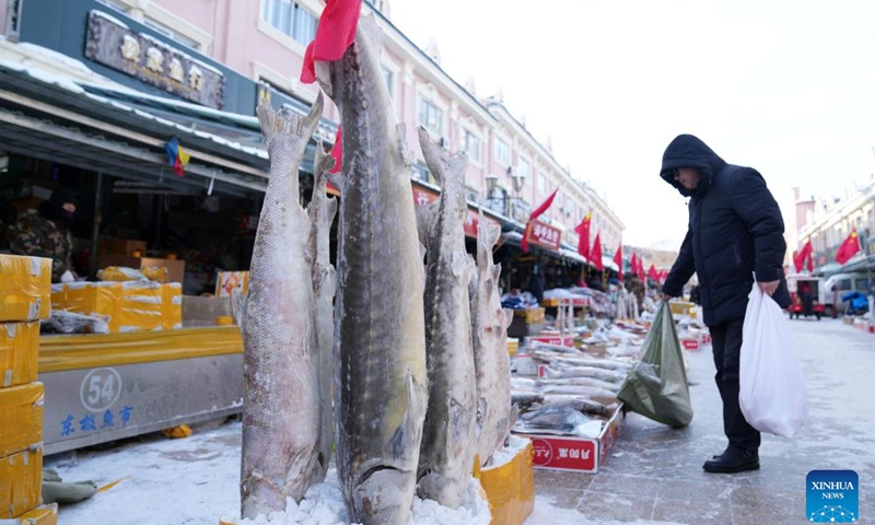 A customer buys frozen fish at Dongji fish market in Fuyuan, northeast China's Heilongjiang Province, Jan. 31, 2024. As the Spring Festival approaches, Dongji fish market in Fuyuan has entered its peak sales season. With a history of more than 100 years, the market is a major trading hub for freshwater fish products in China.(Photo: Xinhua)