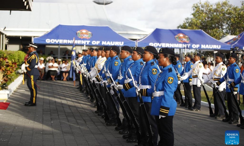 Nauru's police guards of honour attend a ceremony celebrating Nauru's 56th anniversary of independence in Nauru, Jan. 31, 2024. Nauru held a ceremony to celebrate its 56th anniversary of independence on Wednesday.(Photo: Xinhua)