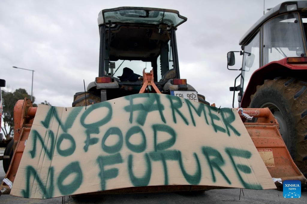 Farm machinery is seen during a protest in Attard, Malta, on Feb. 2, 2024. Farmers in Malta joined their European Union (EU) peers in protests on Friday against the bloc's present framework and future ambitions that threaten their livelihood.(Photo: Xinhua)