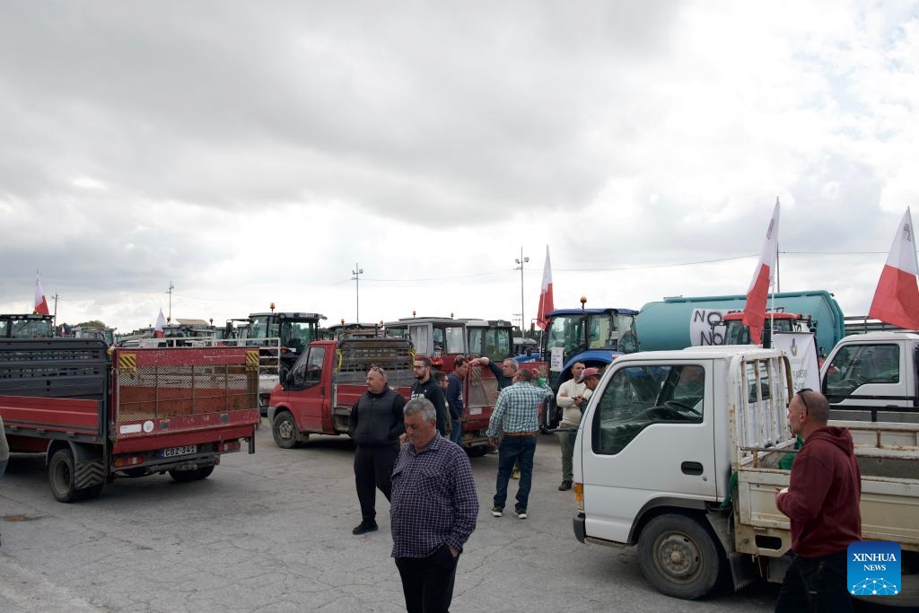 People take part in a protest in Attard, Malta, on Feb. 2, 2024. Farmers in Malta joined their European Union (EU) peers in protests on Friday against the bloc's present framework and future ambitions that threaten their livelihood.(Photo: Xinhua)