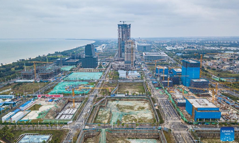 An aerial drone photo taken on Feb. 10, 2024 shows the a view of Jiangdong New Area of Haikou in south China's Hainan Province. The key parks of Hainan Free Trade Port has achieved a revenue of around 2.24 trillion yuan (about 311.7 billion U.S. dollars) in 2023, an 18.3 percent increase year on year, according to data released by the Hainan Provincial Bureau of Statistics. (Xinhua/Pu Xiaoxu)