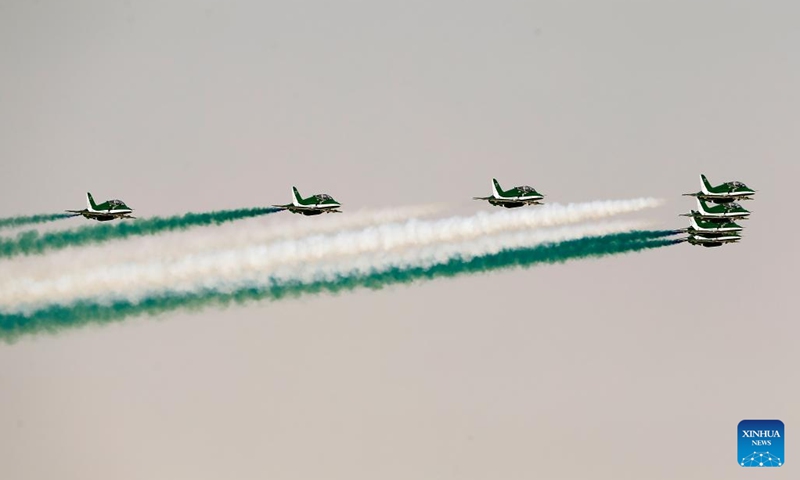 Saudi Hawks, the Royal Saudi Air Force aerobatic team, presents an air show during the second edition of the World Defense Show in Riyadh, Saudi Arabia, on Feb. 4, 2024. (Xinhua/Wang Dongzhen)