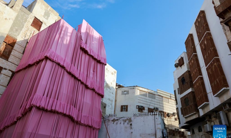 This photo taken on Feb. 3, 2024 shows a view of the historic and cultural district of Al-Balad in the western coastal city of Jeddah, Saudi Arabia. Al-Balad is famous for its colorful architecture. (Xinhua/Wang Haizhou)