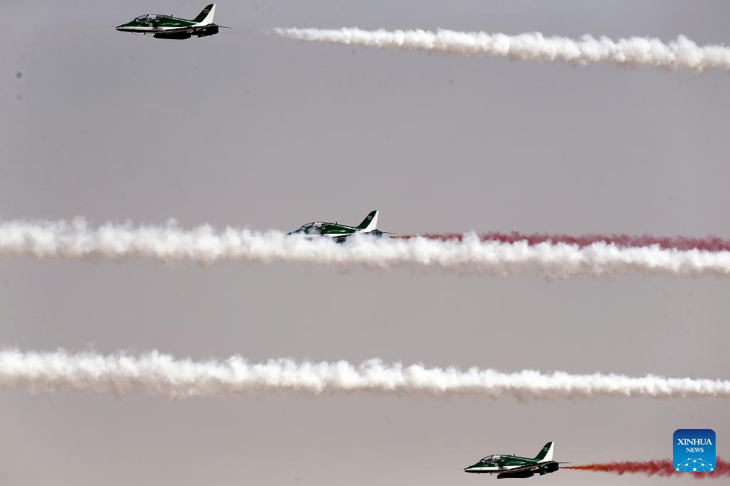 Saudi Hawks, the Royal Saudi Air Force aerobatic team, presents an air show during the second edition of the World Defense Show in Riyadh, Saudi Arabia, on Feb. 4, 2024. (Xinhua/Wang Dongzhen)