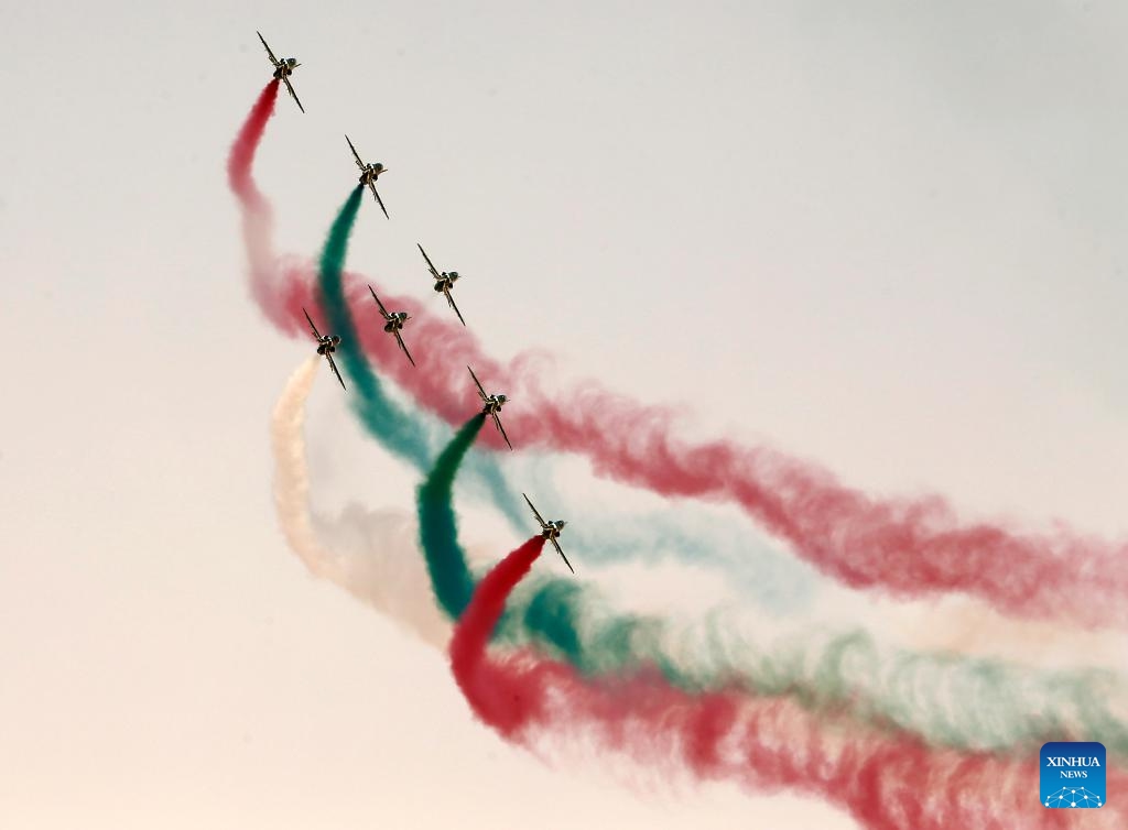 Saudi Hawks, the Royal Saudi Air Force aerobatic team, presents an air show during the second edition of the World Defense Show in Riyadh, Saudi Arabia, on Feb. 4, 2024. (Xinhua/Wang Dongzhen)