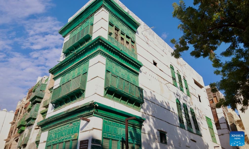 This photo taken on Feb. 3, 2024 shows a view of the historic and cultural district of Al-Balad in the western coastal city of Jeddah, Saudi Arabia. Al-Balad is famous for its colorful architecture. (Xinhua/Wang Haizhou)