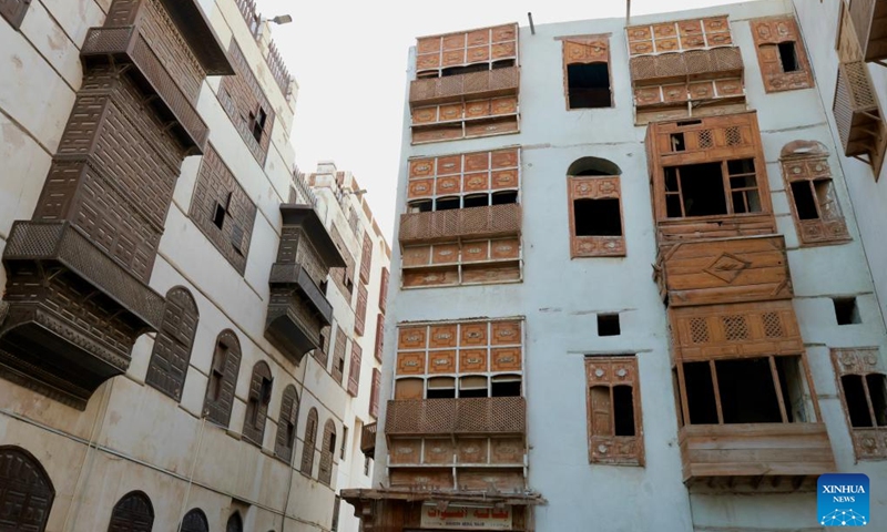 This photo taken on Feb. 3, 2024 shows a view of the historic and cultural district of Al-Balad in the western coastal city of Jeddah, Saudi Arabia. Al-Balad is famous for its colorful architecture. (Xinhua/Wang Haizhou)