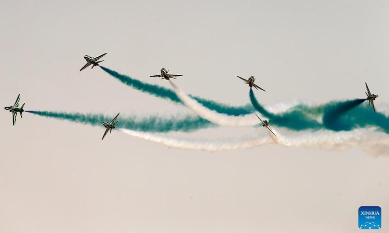 Saudi Hawks, the Royal Saudi Air Force aerobatic team, presents an air show during the second edition of the World Defense Show in Riyadh, Saudi Arabia, on Feb. 4, 2024. (Xinhua/Wang Dongzhen)