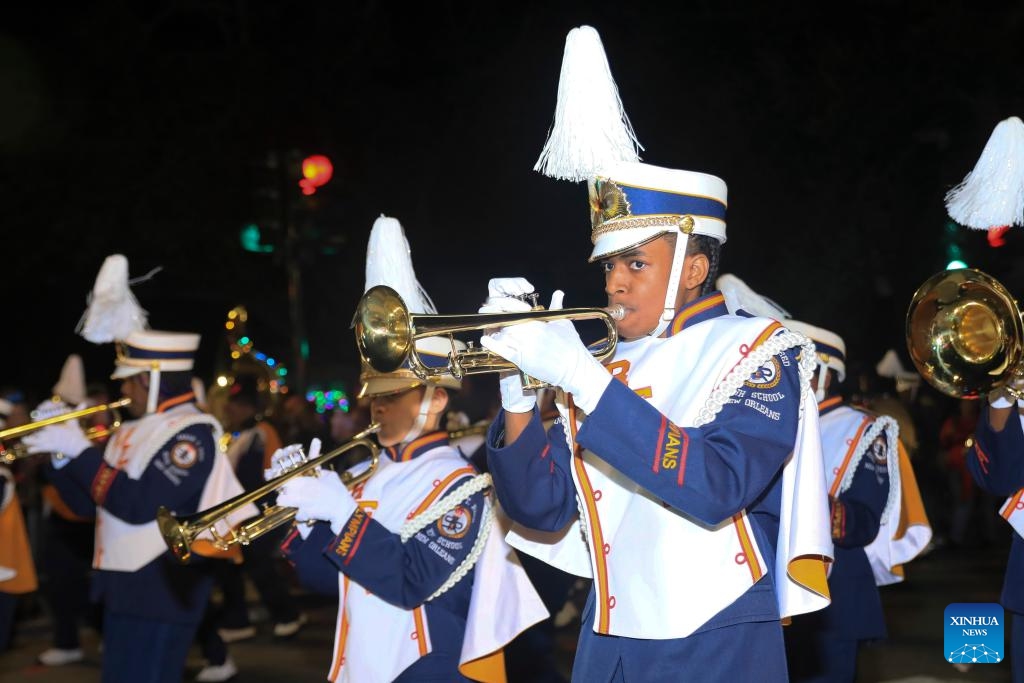 A band performs during the parade of the 2024 Mardi Gras celebration in New Orleans, Louisiana, the United States, on Feb. 2, 2024. Mardi Gras is one of the most prestigious carnivals in the United States.(Photo: Xinhua)