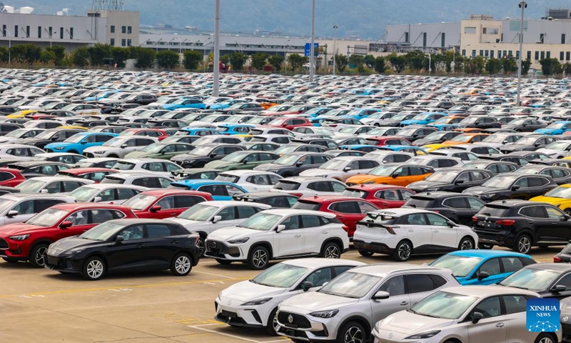 This photo taken on Feb. 8, 2024 shows vehicles for export parking at the Ningde land port in Ningde, southeast China's Fujian Province. The Ningde land port, with vehicle transportation railway lines and vehicle loading and unloading platforms, has served as a logistics distribution center and shipment hub for vehicles to be exported to global markets. Photo: Xinhua