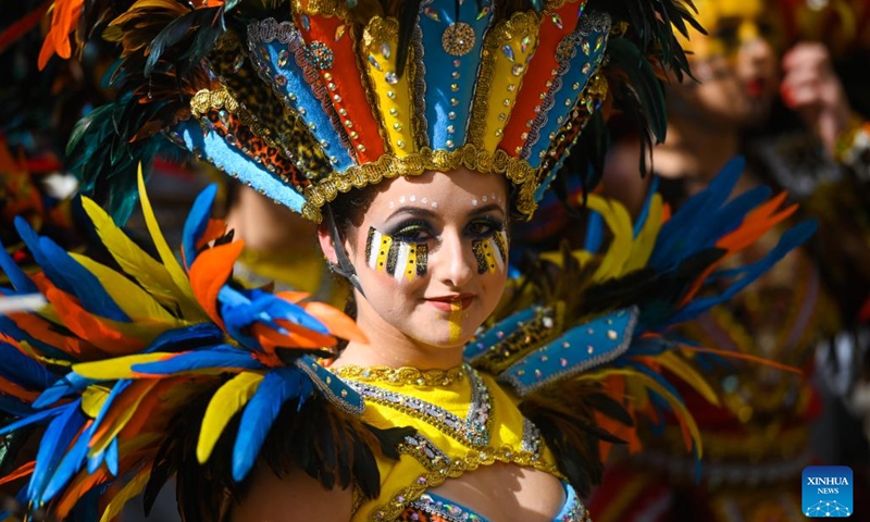 A reveler participates in a carnival parade in Valletta, Malta, Feb. 11, 2024. The historic city of Valletta has become a colorful and musical heaven with marching bands, street performers and dancers as Malta celebrates the carnival from Feb. 9 to 13. (Photo by Jonathan Borg/Xinhua)