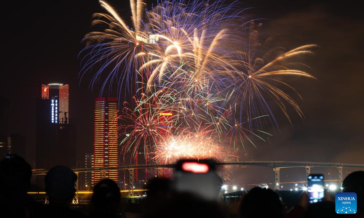 Fireworks in celebration of the Spring Festival illuminate the sky in Macao, south China, Feb. 12, 2024. (Xinhua/Cheong Kam Ka)
