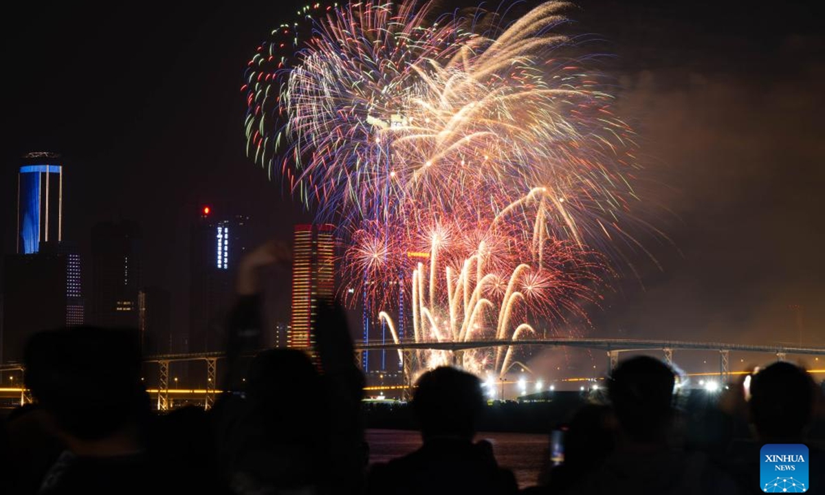 Fireworks in celebration of the Spring Festival illuminate the sky in Macao, south China, Feb. 12, 2024. (Xinhua/Cheong Kam Ka)
