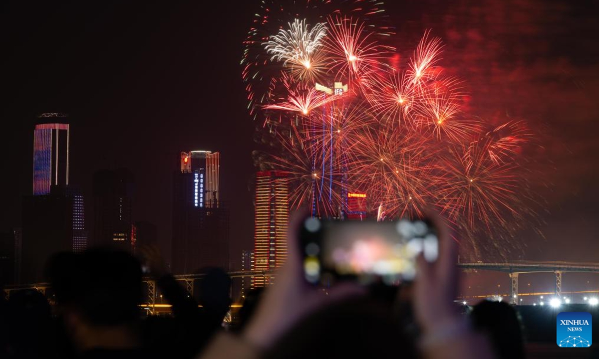 Fireworks in celebration of the Spring Festival illuminate the sky in Macao, south China, Feb. 12, 2024. (Xinhua/Cheong Kam Ka)
