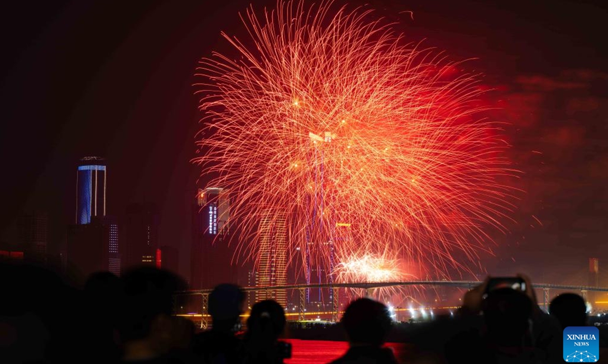 Fireworks in celebration of the Spring Festival illuminate the sky in Macao, south China, Feb. 12, 2024. (Xinhua/Cheong Kam Ka)
