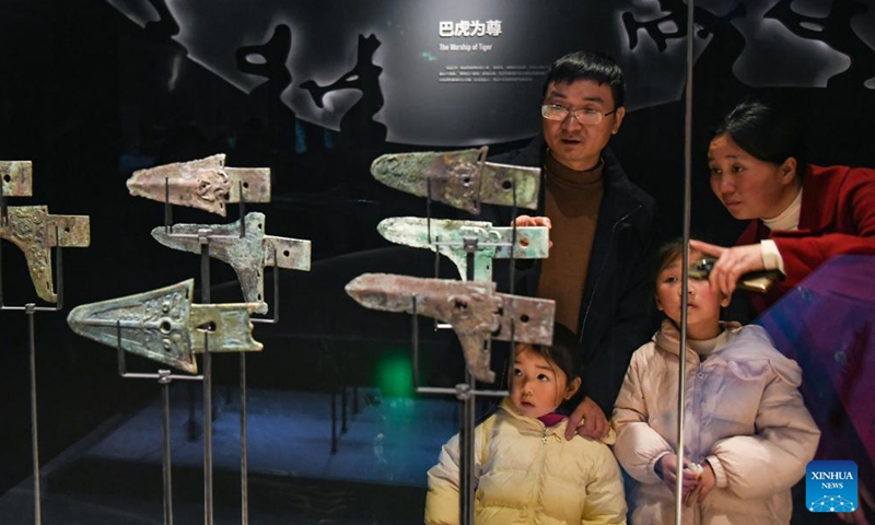 Visitors view exhibits at the Luojiaba Site Museum in Xuanhan County, southwest China's Sichuan Province, Feb. 14, 2024. Many people choose to spend their Spring Festival holiday by viewing exhibitions in museums. (Photo: Xinhua)