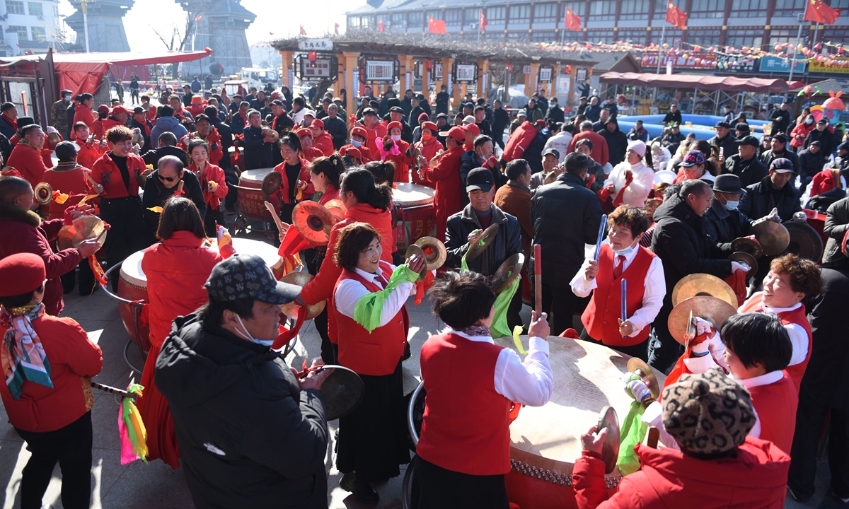 Local residents participate in a gong and drum competition in Tancheng county in East China's Shandong Province, on February 17, 2024, as a way of greeting the new spring. February 17 is the last day of this year's Spring Festival or Chinese Lunar New Year holidays. Photo: VCG