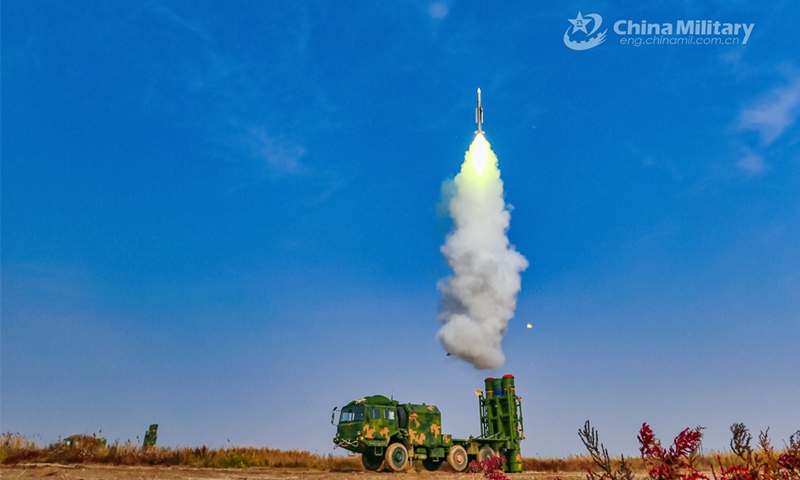 An air defense missile system attached to a brigade under the PLA 71st Group Army fires at the mock target during a live-fire confrontation exercise on February 15, 2024. (eng.chinamil.com.cn/Photo by Tang Tian)