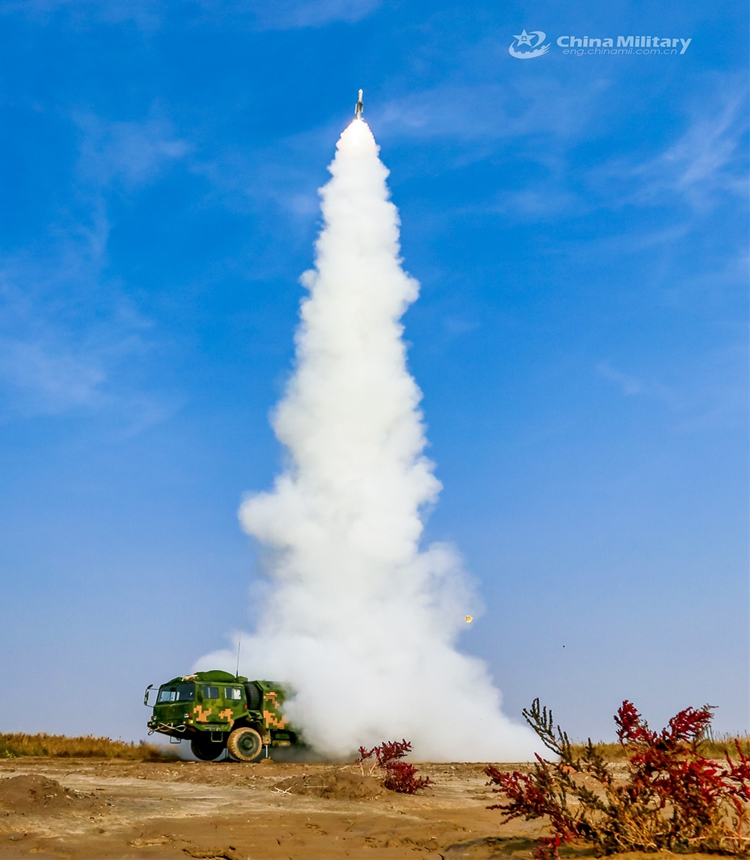 An air defense missile system attached to a brigade under the PLA 71st Group Army fires at the mock target during a live-fire confrontation exercise on February 15, 2024. (eng.chinamil.com.cn/Photo by Tang Tian)