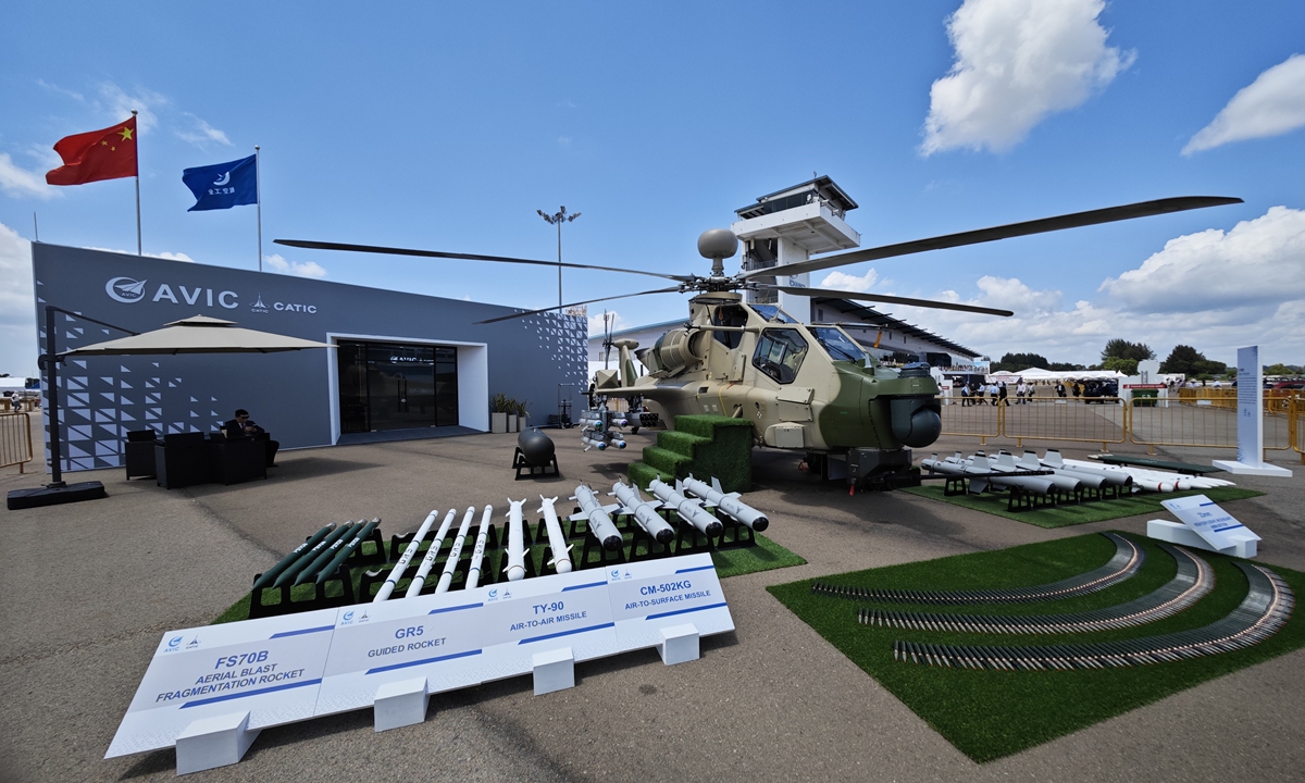 A genuine aircraft of the Z-10ME attack helicopter independently developed by China, along with a wide selection of compatible munitions, is displayed at the Singapore Airshow on February 20, 2024. Photo: Courtesy of Aviation Industry Corporation of China