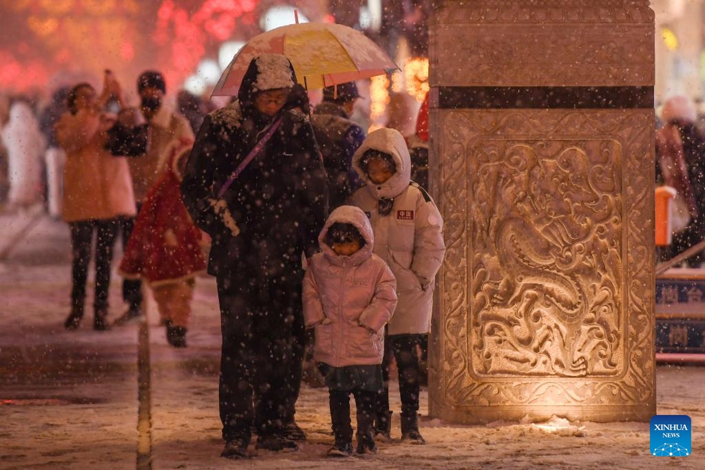 People walk in the snow at Qianmen Street in Beijing, capital of China, Feb. 20, 2024. Beijing saw a snowfall on Tuesday.(Photo: Xinhua)