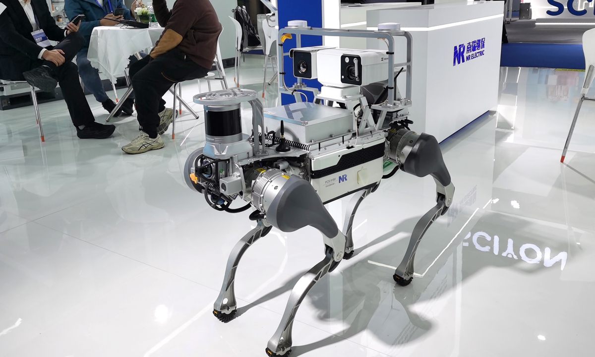 A four-legged inspection robot is unveiled at the World Intelligent Manufacturing Conference 2023 in East China's Nanjing on December 6, 2023. Photo: VCG