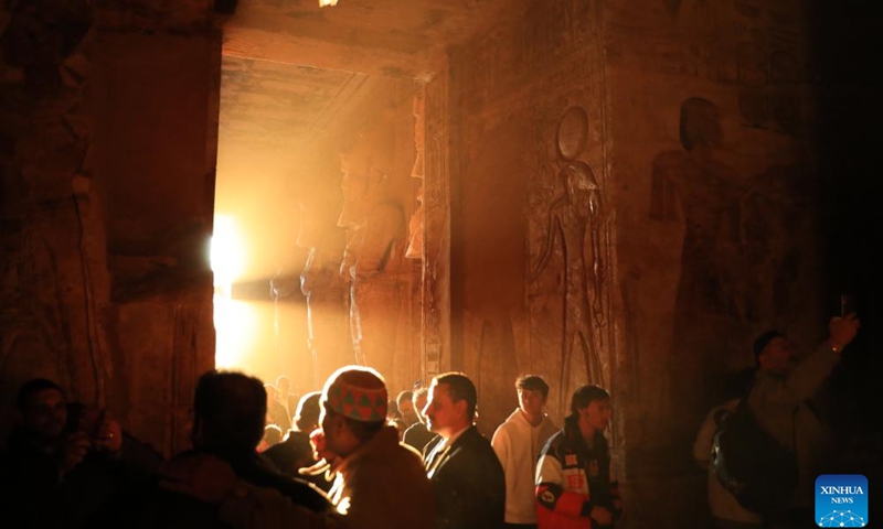 Tourists visit the Great Temple of Abu Simbel during the Sun Festival in Aswan, Egypt, Feb. 22, 2024. During the Sun Festival, which falls on Feb. 22 and Oct. 22 every year, rays of the morning sun would reach the innermost shrine of the Great Temple of Abu Simbel and illuminate the inside sculptures.(Photo: Xinhua)