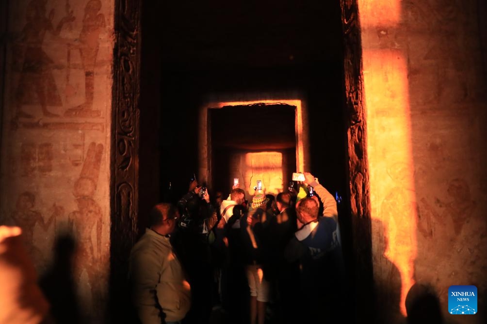 Tourists visit the Great Temple of Abu Simbel during the Sun Festival in Aswan, Egypt, Feb. 22, 2024. During the Sun Festival, which falls on Feb. 22 and Oct. 22 every year, rays of the morning sun would reach the innermost shrine of the Great Temple of Abu Simbel and illuminate the inside sculptures.(Photo: Xinhua)