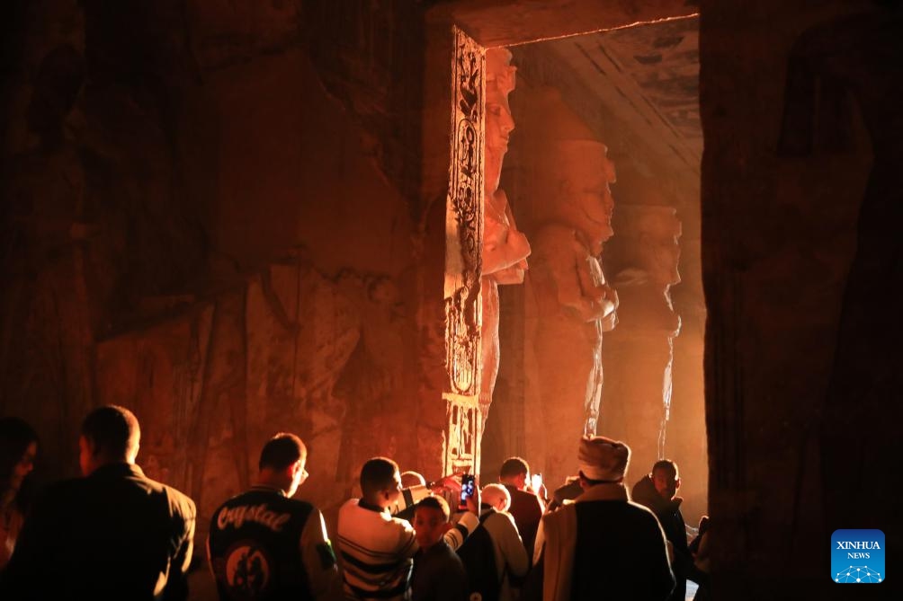 Tourists visit the Great Temple of Abu Simbel during the Sun Festival in Aswan, Egypt, Feb. 22, 2024. During the Sun Festival, which falls on Feb. 22 and Oct. 22 every year, rays of the morning sun would reach the innermost shrine of the Great Temple of Abu Simbel and illuminate the inside sculptures.(Photo: Xinhua)