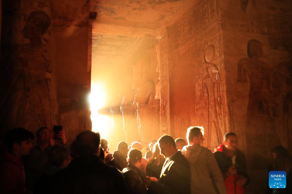 Tourists visit the Great Temple of Abu Simbel during the Sun Festival in Aswan, Egypt, Feb. 22, 2024. During the Sun Festival, which falls on Feb. 22 and Oct. 22 every year, rays of the morning sun would reach the innermost shrine of the Great Temple of Abu Simbel and illuminate the inside sculptures.(Photo: Xinhua)