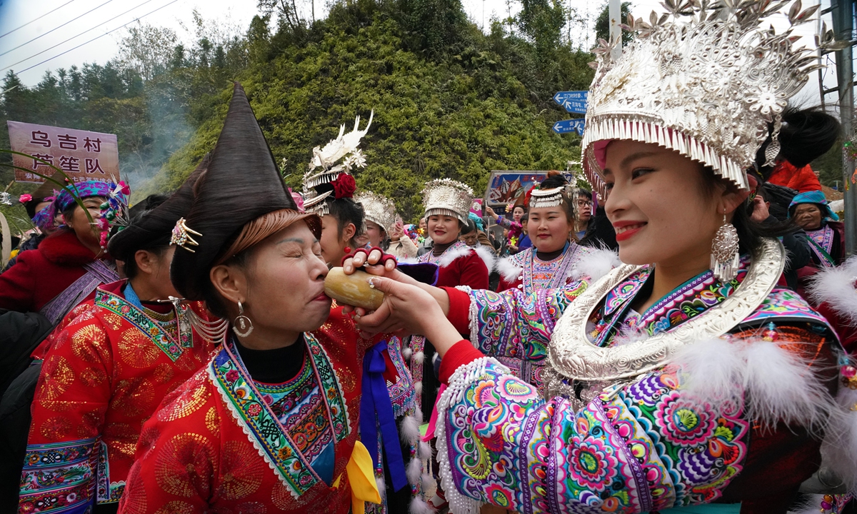 Ethnic Miao people celebrate the Manghao Festival in Liuzhou, South China's Guangxi Zhuang Autonomous Region, on February 26, 2024. According to local folklore, 