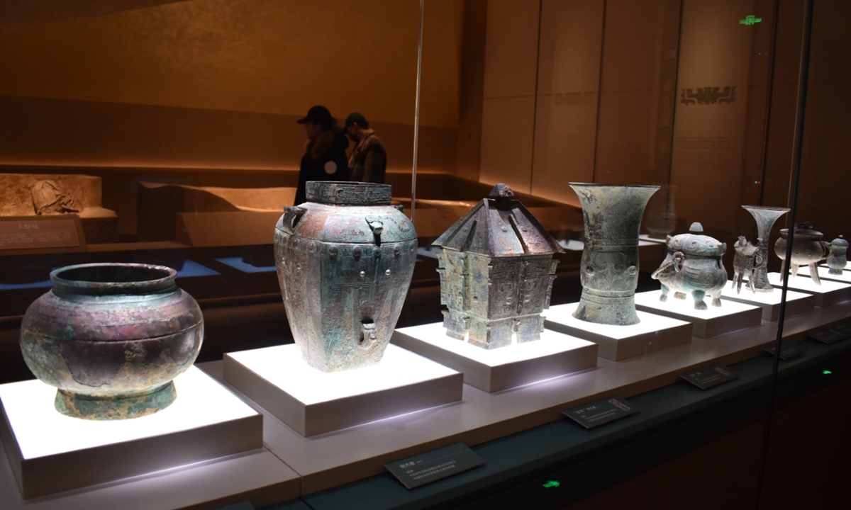 People visit the new building of the Yinxu Museum in Anyang, Henan Province, as it officially opens to the public on February 26, 2024. Nearly 4,000 items or sets of Shang Dynasty (c.1600BC-1046BC) cultural relics, sunch as bronzewares, pottery, jade objects and oracle bones, are on display at the new building, including the only bull-like brone wine vessle unearthed at the Yin Ruins. Photo: Chen Xi/GT