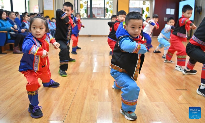 Students perform martial arts of Zhuang ethnic group during a ceremony marking the start of the new semester at Baihualing Road Primary School in Nanning, south China's Guangxi Zhuang Autonomous Region, Feb. 26, 2024. The new semester for primary and secondary schools kicked off in many parts of China on Monday.(Photo: Xinhua)