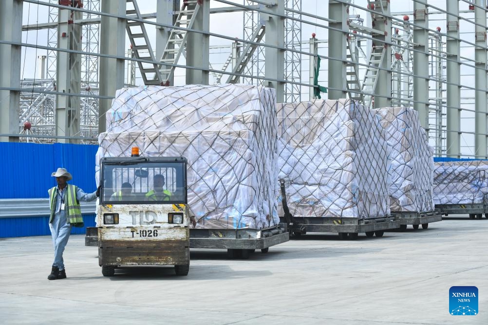 Workers transfer goods outside the e-commerce logistics hub in Addis Ababa, Ethiopia, on Feb. 29, 2024. The Ethiopian Airlines has inaugurated a new e-commerce logistics hub in Addis Ababa, the capital of Ethiopia, to meet the surging demands of online shoppers and retailers. Built by China National Aero-Technology International Engineering Cooperation, the e-commerce logistics hub covers about 15,000 square meters and has a capacity to handle 150,000 tonnes of goods annually.(Photo: Xinhua)