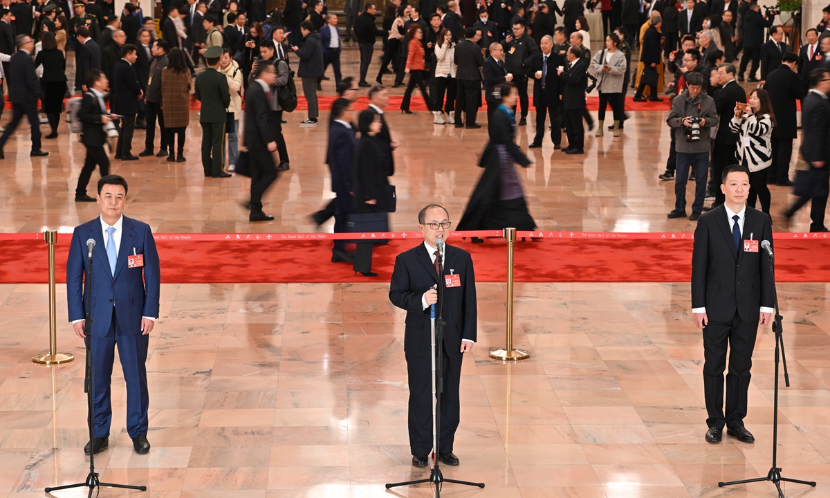 Members of the 14th National Committee of the Chinese People's Political Consultative Conference (CPPCC) are interviewed ahead of the opening of the second session of the 14th CPPCC National Committee at the Great Hall of the People in Beijing on March 4, 2024. The top political advisory body received 5,621 proposals last year. Photo: cnsphoto