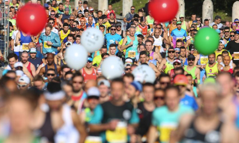 People run at Run Rome the Marathon in Rome, Italy, March 17, 2024. (Xinhua/Li Jing)