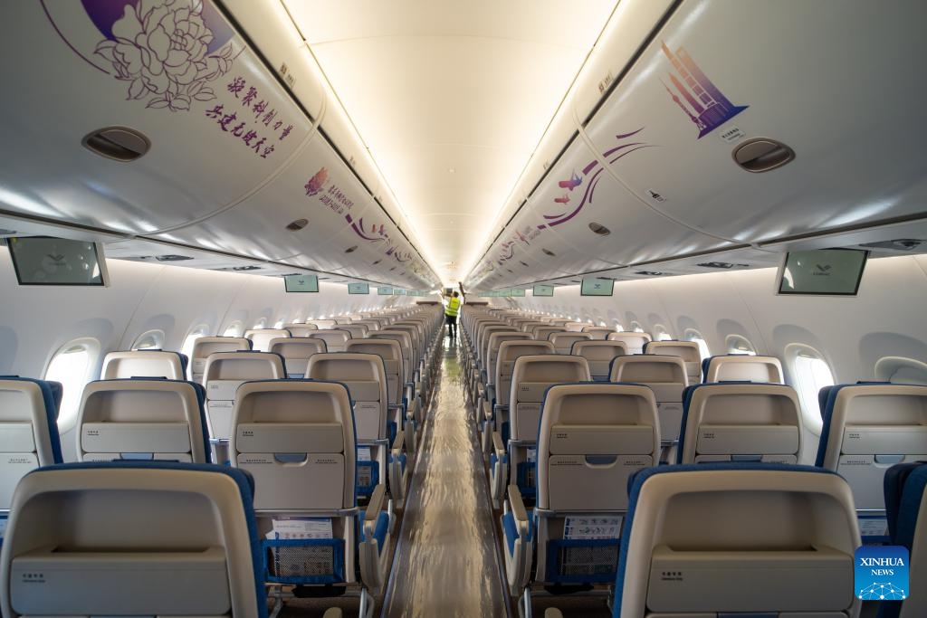 This photo taken on March 4, 2024 shows the interior view of a Chinese airplane C919 at Wattay International Airport in Vientiane, Laos. Chinese airplanes C919 and ARJ21 developed by the Commercial Aircraft Corporation of China, Ltd. (COMAC) on Monday arrived in Laos for a static display and demonstration flight.(Photo: Xinhua)