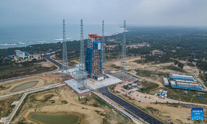 An aerial drone photo taken on March 6, 2024 shows the No. 1 launch pad of Hainan commercial spacecraft launch site in Wenchang, south China's Hainan Province. Construction of the Hainan commercial spacecraft launch site is still underway. While the No. 1 launch pad was completed and in a debug phase, the No. 2 launch pad is still at the construction phase, with the capping of the diversion trough's main body finished.(Photo: Xinhua)