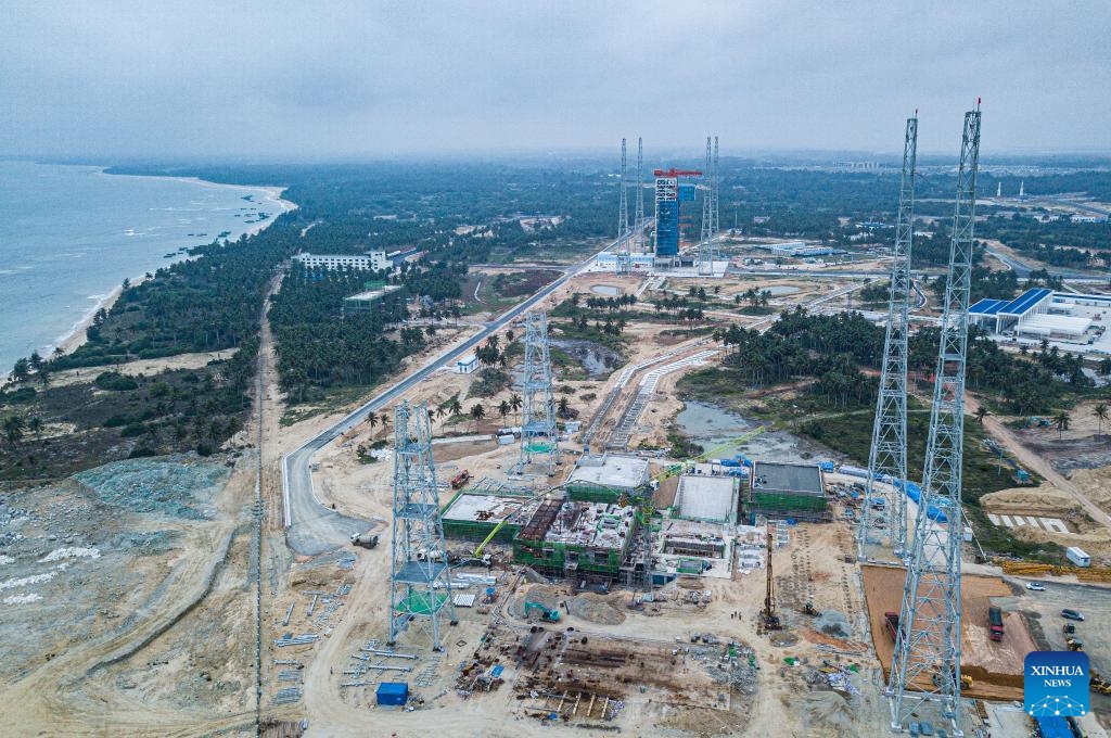 An aerial drone photo taken on March 6, 2024 shows the Hainan commercial spacecraft launch site under construction in Wenchang, south China's Hainan Province. Construction of the Hainan commercial spacecraft launch site is still underway. While the No. 1 launch pad was completed and in a debug phase, the No. 2 launch pad is still at the construction phase, with the capping of the diversion trough's main body finished.(Photo: Xinhua)