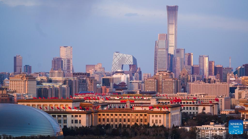 This photo taken on March 11, 2024 shows the Great Hall of the People nestled within architectural clusters in Beijing, capital of China.(Photo: Xinhua)